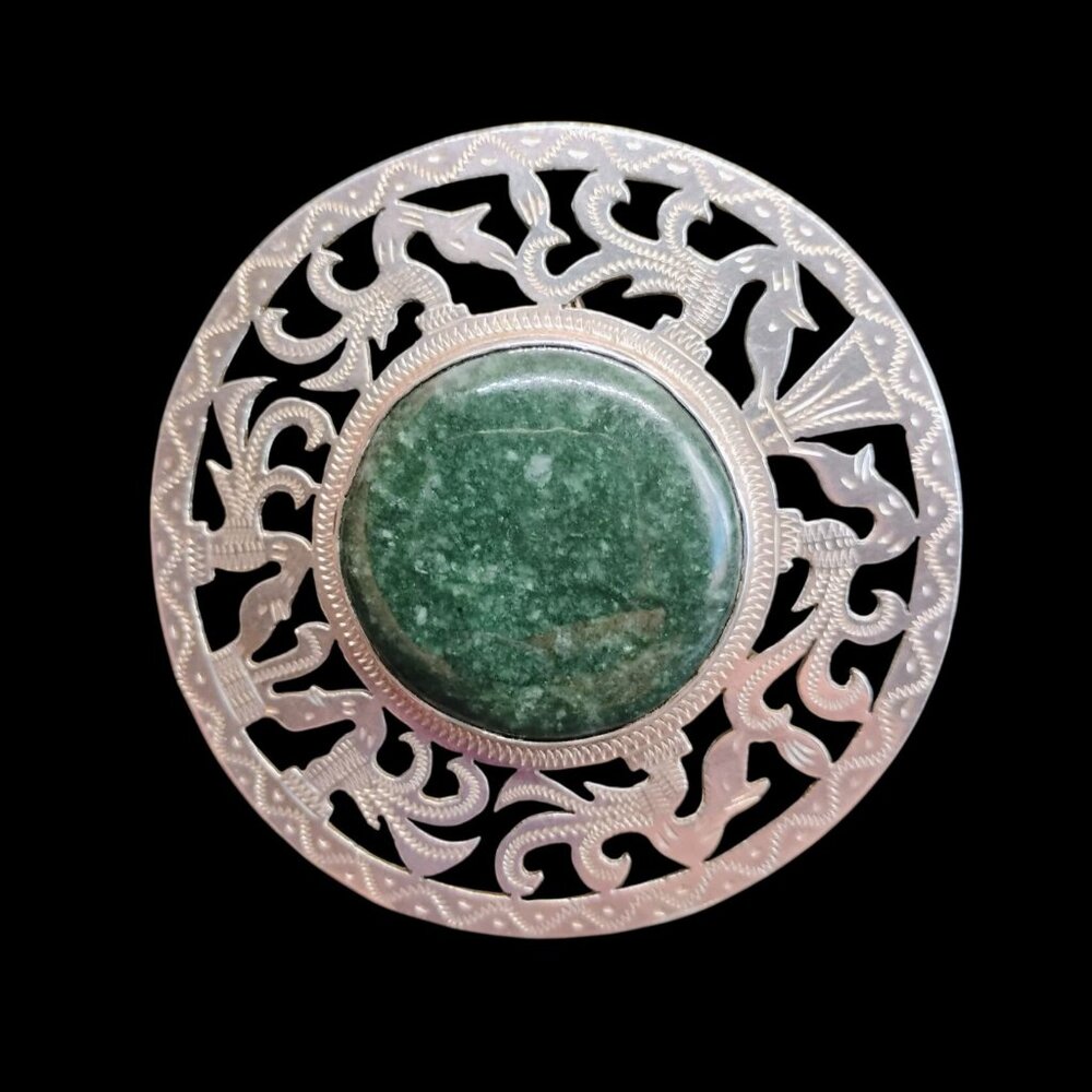 Vtg Peru 925 Stamped Sterling Silver Green Stone Brooch Pendant Round